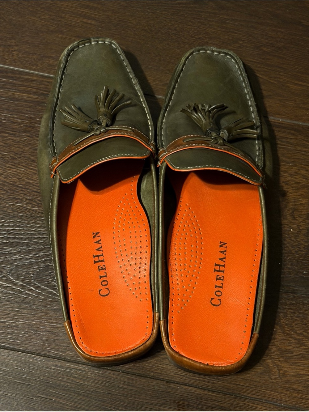Cole Haan Olive Green Leather Tassel Backless Loafers with Brown/Orange Trim - Picture 3 of 8
